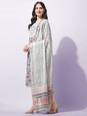Cream, Blue Floral Printed Sequins Gotta Patti Cotton Kurta With Pant and Dupatta Set  2