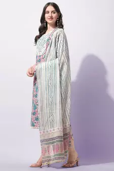 Cream, Blue Floral Printed Sequins Gotta Patti Cotton Kurta With Pant and Dupatta Set 