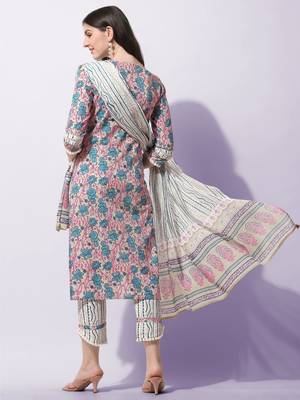 Cream, Blue Floral Printed Sequins Gotta Patti Cotton Kurta With Pant and Dupatta Set  3