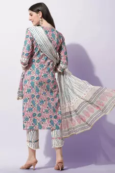 Cream, Blue Floral Printed Sequins Gotta Patti Cotton Kurta With Pant and Dupatta Set 