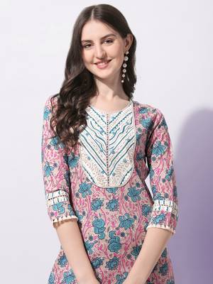 Cream, Blue Floral Printed Sequins Gotta Patti Cotton Kurta With Pant and Dupatta Set  4