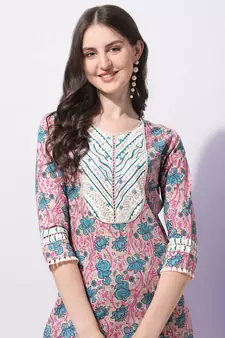 Cream, Blue Floral Printed Sequins Gotta Patti Cotton Kurta With Pant and Dupatta Set 