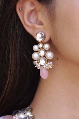 Baby Pink Glass Stone Kundan Earrings