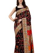 Black Kashmiri Pashmina Style Silk Blend Multipal Threads work Saree With Blouse