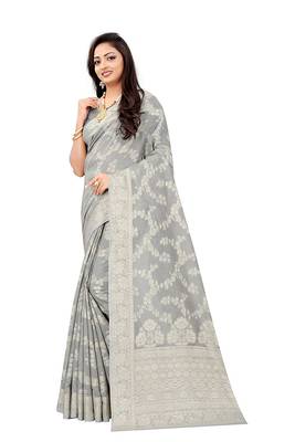 Lucknowi Chikankari Linen Cotton Blend Woven Sarees For With Blouse 2