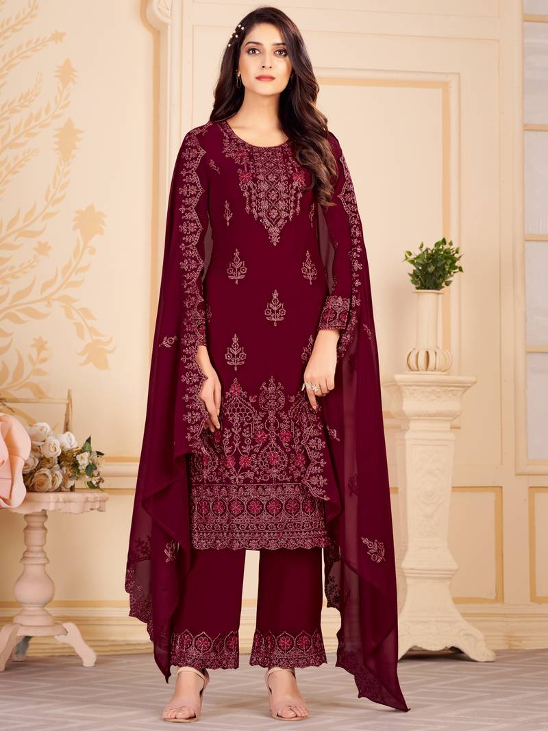 Maroon embroidered georgette salwar