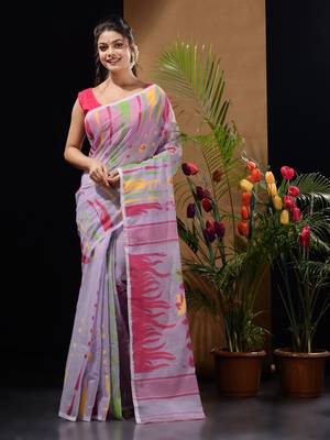 Lavender Silk Cotton Handwoven Jamdani Saree With Multicolour Motifs And Floral Designs Without Blouse 1