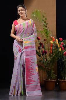 Lavender Silk Cotton Handwoven Jamdani Saree With Multicolour Motifs And Floral Designs Without Blouse