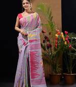 Lavender Silk Cotton Handwoven Jamdani Saree With Multicolour Motifs And Floral Designs Without Blouse