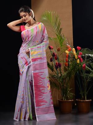 Lavender Silk Cotton Handwoven Jamdani Saree With Multicolour Motifs And Floral Designs Without Blouse 2