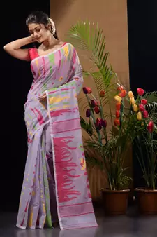 Lavender Silk Cotton Handwoven Jamdani Saree With Multicolour Motifs And Floral Designs Without Blouse