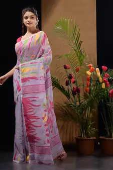 Lavender Silk Cotton Handwoven Jamdani Saree With Multicolour Motifs And Floral Designs Without Blouse