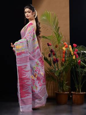 Lavender Silk Cotton Handwoven Jamdani Saree With Multicolour Motifs And Floral Designs Without Blouse 4
