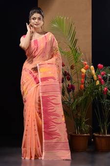 Peach Silk Cotton Handwoven Jamdani Saree With Woven Motifs And Floral Designs Without Blouse