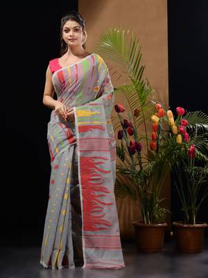 Grey Silk Cotton Handwoven Jamdani Saree With Multicolour Motifs And Floral Designs Without Blouse 1