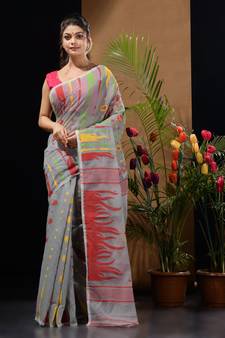 Grey Silk Cotton Handwoven Jamdani Saree With Multicolour Motifs And Floral Designs Without Blouse