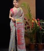 Grey Silk Cotton Handwoven Jamdani Saree With Multicolour Motifs And Floral Designs Without Blouse