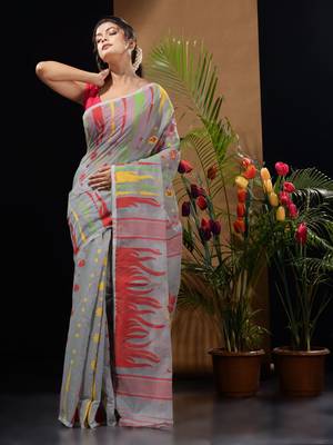Grey Silk Cotton Handwoven Jamdani Saree With Multicolour Motifs And Floral Designs Without Blouse 2