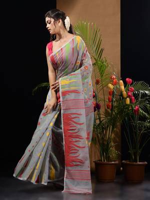 Grey Silk Cotton Handwoven Jamdani Saree With Multicolour Motifs And Floral Designs Without Blouse 3