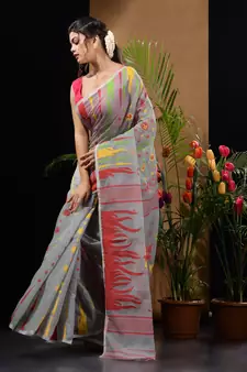 Grey Silk Cotton Handwoven Jamdani Saree With Multicolour Motifs And Floral Designs Without Blouse