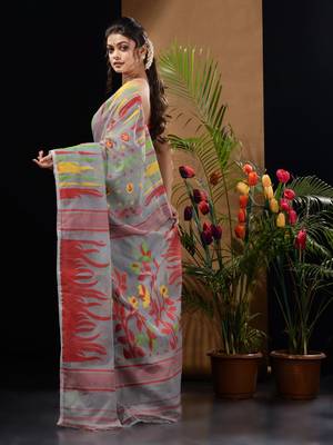 Grey Silk Cotton Handwoven Jamdani Saree With Multicolour Motifs And Floral Designs Without Blouse 4