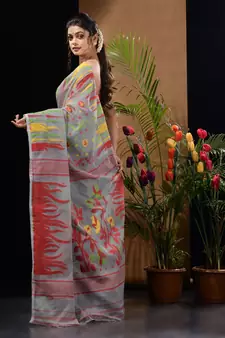 Grey Silk Cotton Handwoven Jamdani Saree With Multicolour Motifs And Floral Designs Without Blouse
