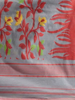 Grey Silk Cotton Handwoven Jamdani Saree With Multicolour Motifs And Floral Designs Without Blouse 5