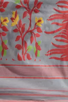 Grey Silk Cotton Handwoven Jamdani Saree With Multicolour Motifs And Floral Designs Without Blouse