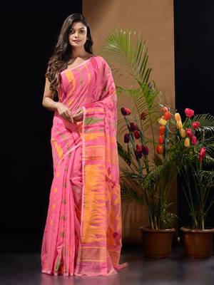 Pink Silk Cotton Handwoven Jamdani Saree With Multicolour Motifs And Floral Designs Without Blouse 1