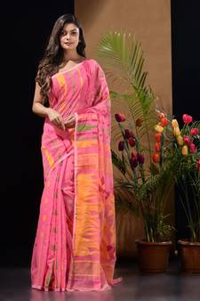 Pink Silk Cotton Handwoven Jamdani Saree With Multicolour Motifs And Floral Designs Without Blouse