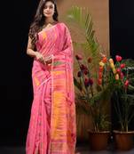 Pink Silk Cotton Handwoven Jamdani Saree With Multicolour Motifs And Floral Designs Without Blouse