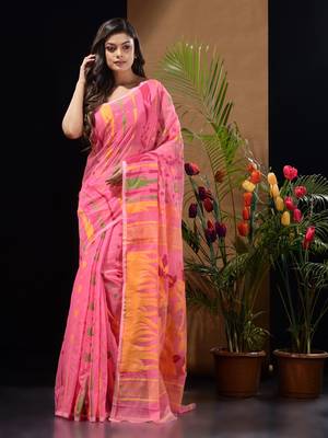 Pink Silk Cotton Handwoven Jamdani Saree With Multicolour Motifs And Floral Designs Without Blouse 2