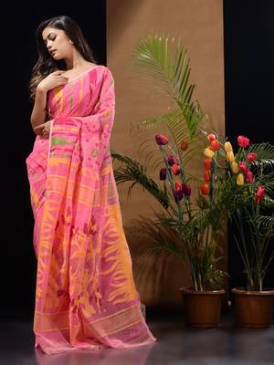 Pink Silk Cotton Handwoven Jamdani Saree With Multicolour Motifs And Floral Designs Without Blouse 3