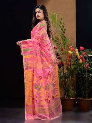 Pink Silk Cotton Handwoven Jamdani Saree With Multicolour Motifs And Floral Designs Without Blouse 4
