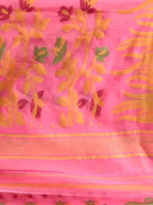 Pink Silk Cotton Handwoven Jamdani Saree With Multicolour Motifs And Floral Designs Without Blouse 5