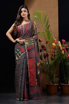 Charcoal Silk Cotton Handwoven Jamdani Saree With Multicolour Motifs And Floral Designs Without Blouse