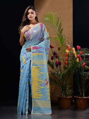 Sky Blue Silk Cotton Handwoven Jamdani Saree With Woven Motifs And Floral Designs Without Blouse 1
