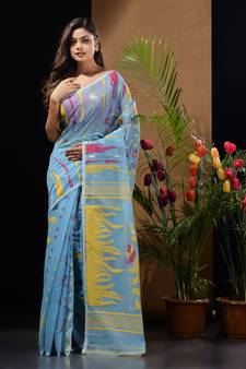 Sky Blue Silk Cotton Handwoven Jamdani Saree With Woven Motifs And Floral Designs Without Blouse