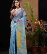 Sky Blue Silk Cotton Handwoven Jamdani Saree With Woven Motifs And Floral Designs Without Blouse