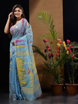 Sky Blue Silk Cotton Handwoven Jamdani Saree With Woven Motifs And Floral Designs Without Blouse 2