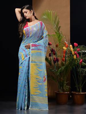 Sky Blue Silk Cotton Handwoven Jamdani Saree With Woven Motifs And Floral Designs Without Blouse 3