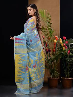 Sky Blue Silk Cotton Handwoven Jamdani Saree With Woven Motifs And Floral Designs Without Blouse 4