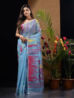 Sky Blue Silk Cotton Handwoven Jamdani Saree With Woven Motifs And Floral Designs Without Blouse 1