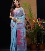 Sky Blue Silk Cotton Handwoven Jamdani Saree With Woven Motifs And Floral Designs Without Blouse