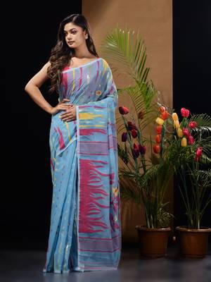 Sky Blue Silk Cotton Handwoven Jamdani Saree With Woven Motifs And Floral Designs Without Blouse 2