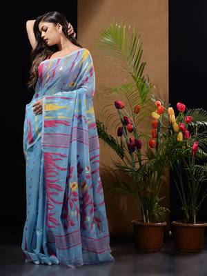 Sky Blue Silk Cotton Handwoven Jamdani Saree With Woven Motifs And Floral Designs Without Blouse 3