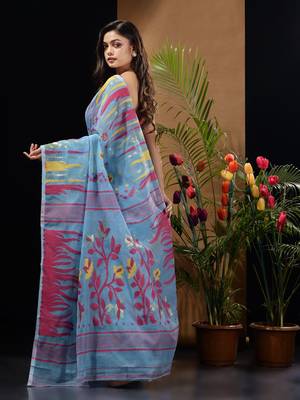 Sky Blue Silk Cotton Handwoven Jamdani Saree With Woven Motifs And Floral Designs Without Blouse 4