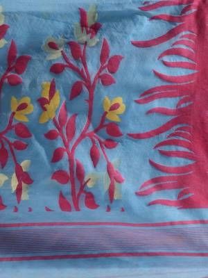 Sky Blue Silk Cotton Handwoven Jamdani Saree With Woven Motifs And Floral Designs Without Blouse 5