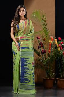 Light Green Silk Cotton Handwoven Jamdani Saree With Woven Motifs And Floral Designs Without Blouse