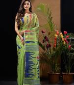 Light Green Silk Cotton Handwoven Jamdani Saree With Woven Motifs And Floral Designs Without Blouse
